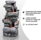 Cascading Bowls and Stacked Stones LED Outdoor Water Fountain for Outdoor Living Spaces to Create a Calming Oasis in Gardens and Landscaping, on Patios, Balconies, Lawns, Brown