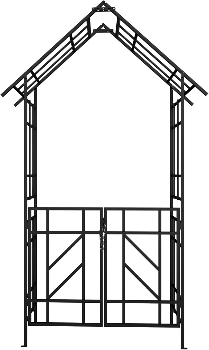 Garden Arch with Gate W58 x 97" H Metal Arch Trellis Outdoor for Climbing Plants Support Vines Rose, Wedding Archway Decoration, Black (Gate)